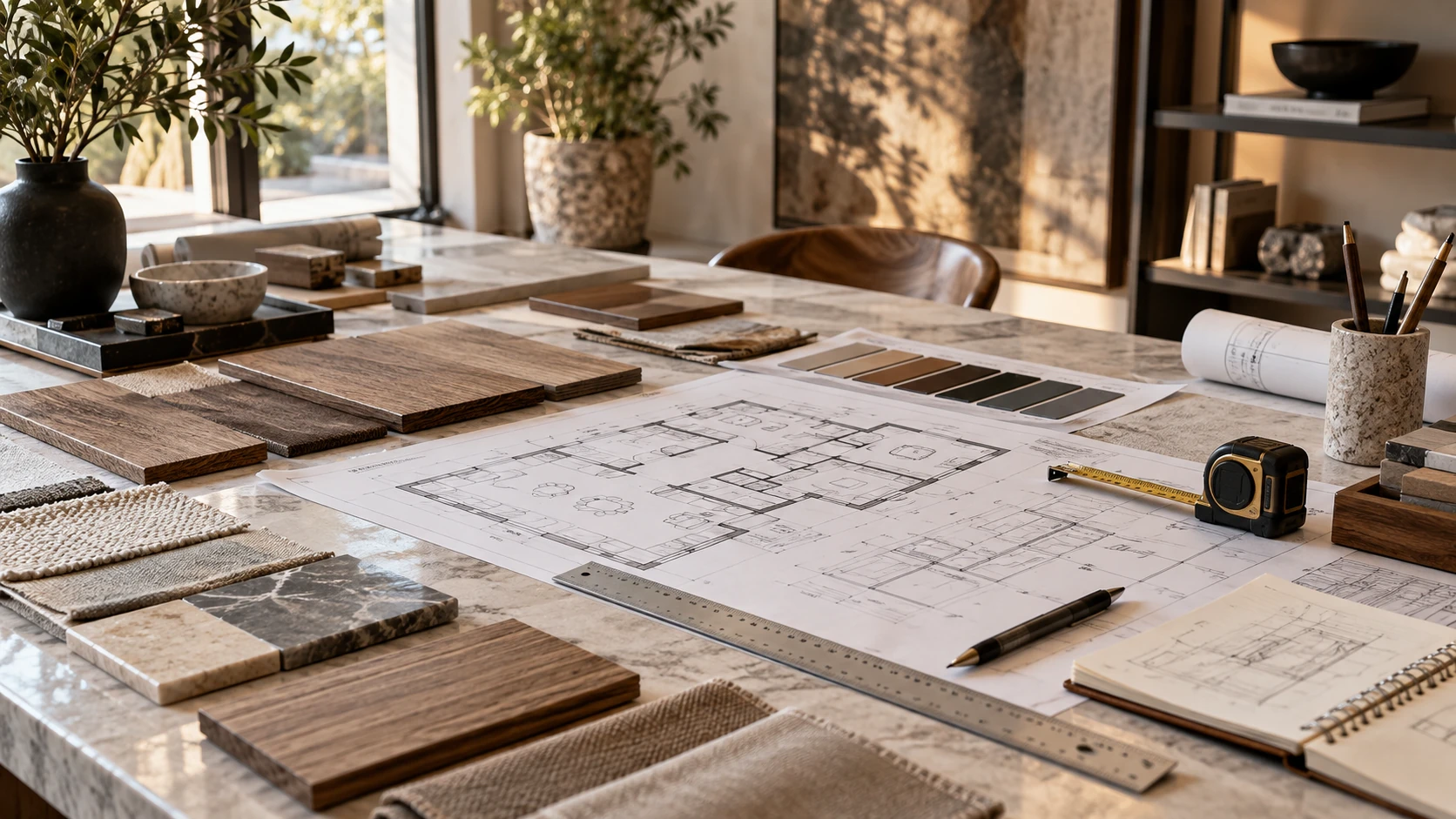 Material samples and drawings arranged on a specification workspace