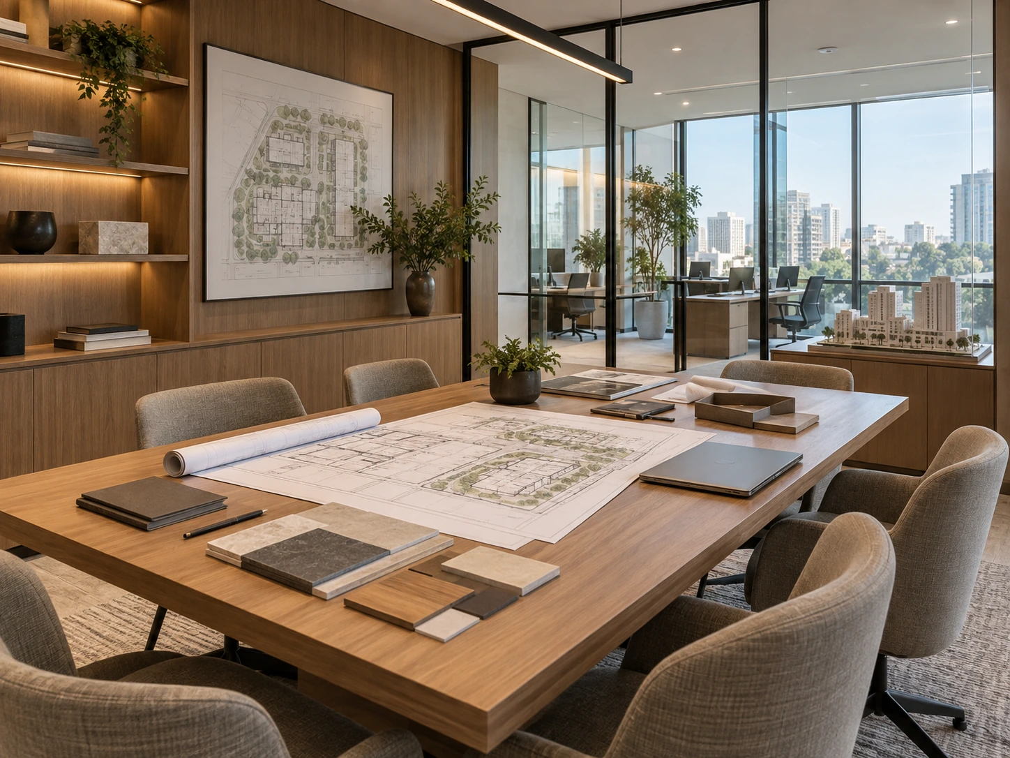 Builders & Developers Project meeting room with drawings and plans laid out on the table