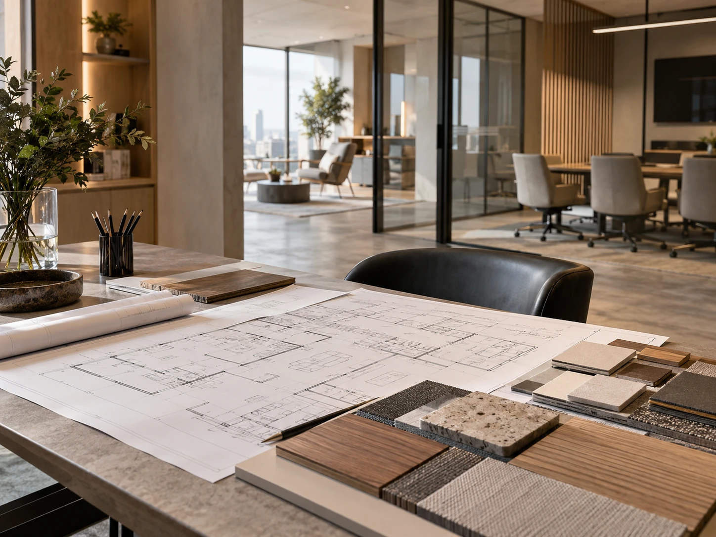 Builders & Developers Project office workspace with drawings, material references and planning area