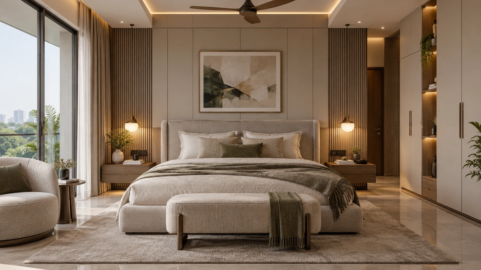 Contemporary bedroom interior with wardrobe, bedside storage and soft lighting