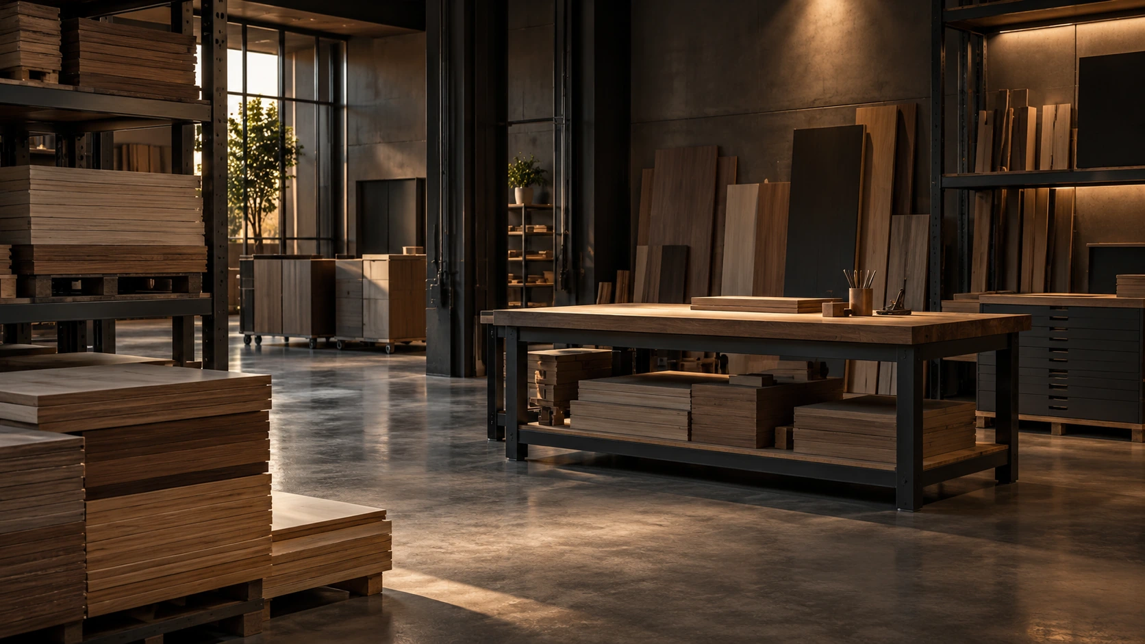 Representative furniture workshop interior with panel stock and workbenches
