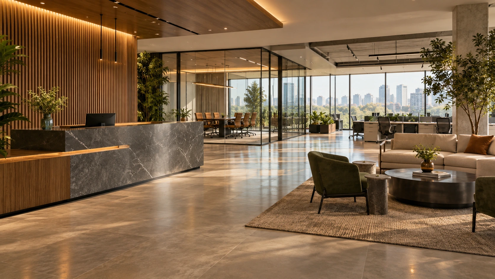 Contemporary office interior with workstations, glass meeting rooms and warm wood finishes
