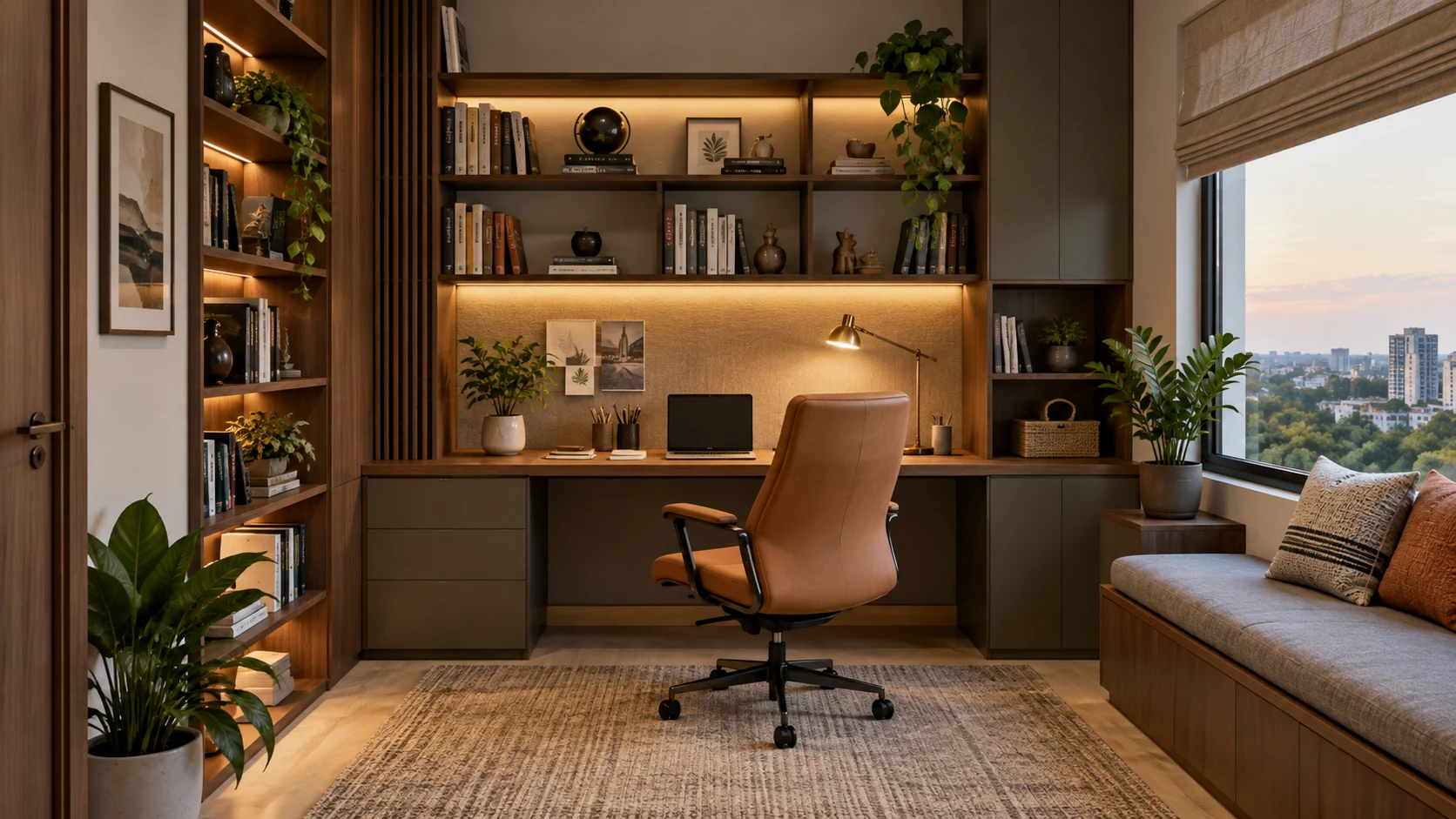 Home office and study area with desk, shelving and task lighting