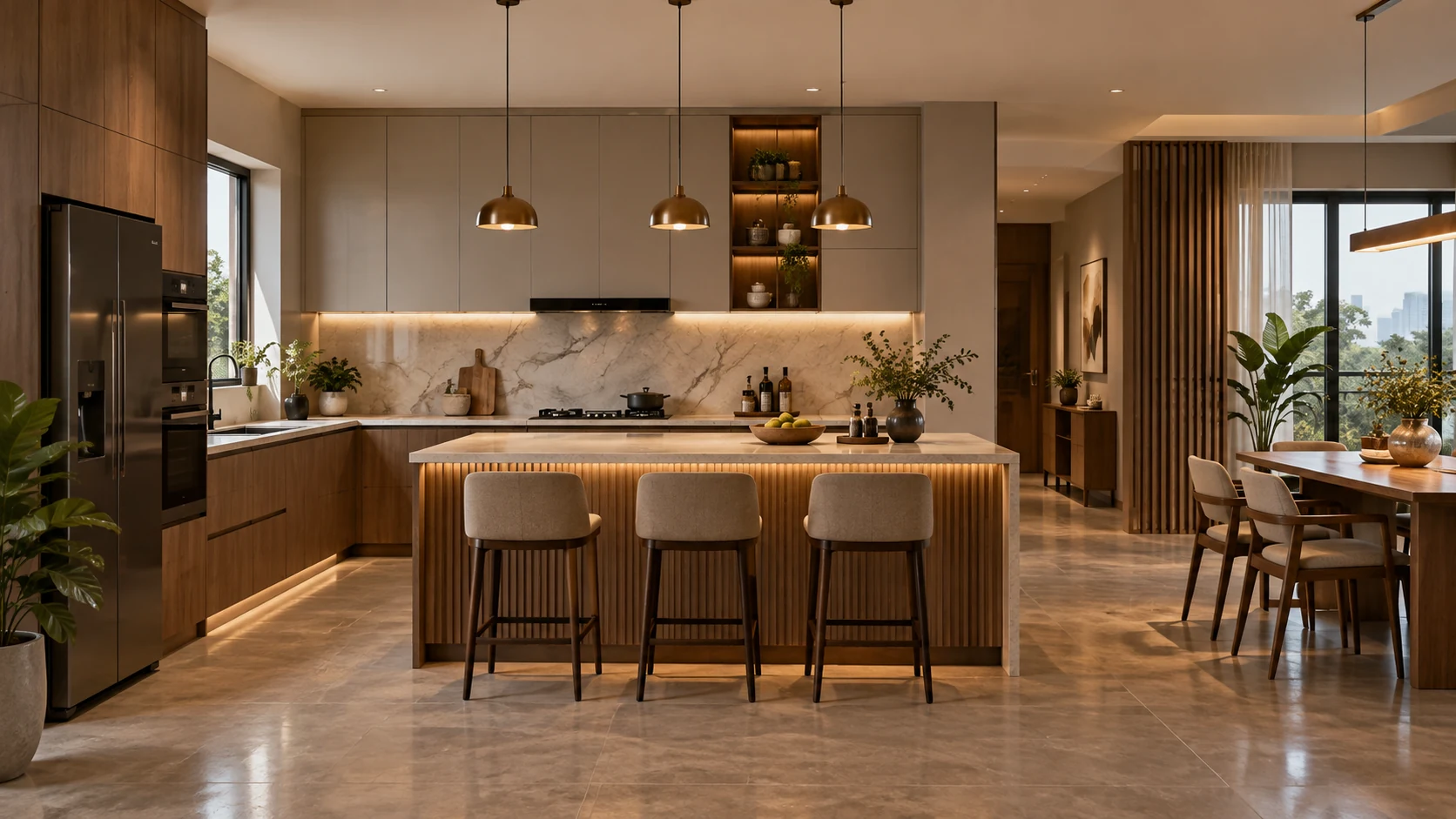 Contemporary kitchen interior with coordinated cabinetry, countertop and lighting