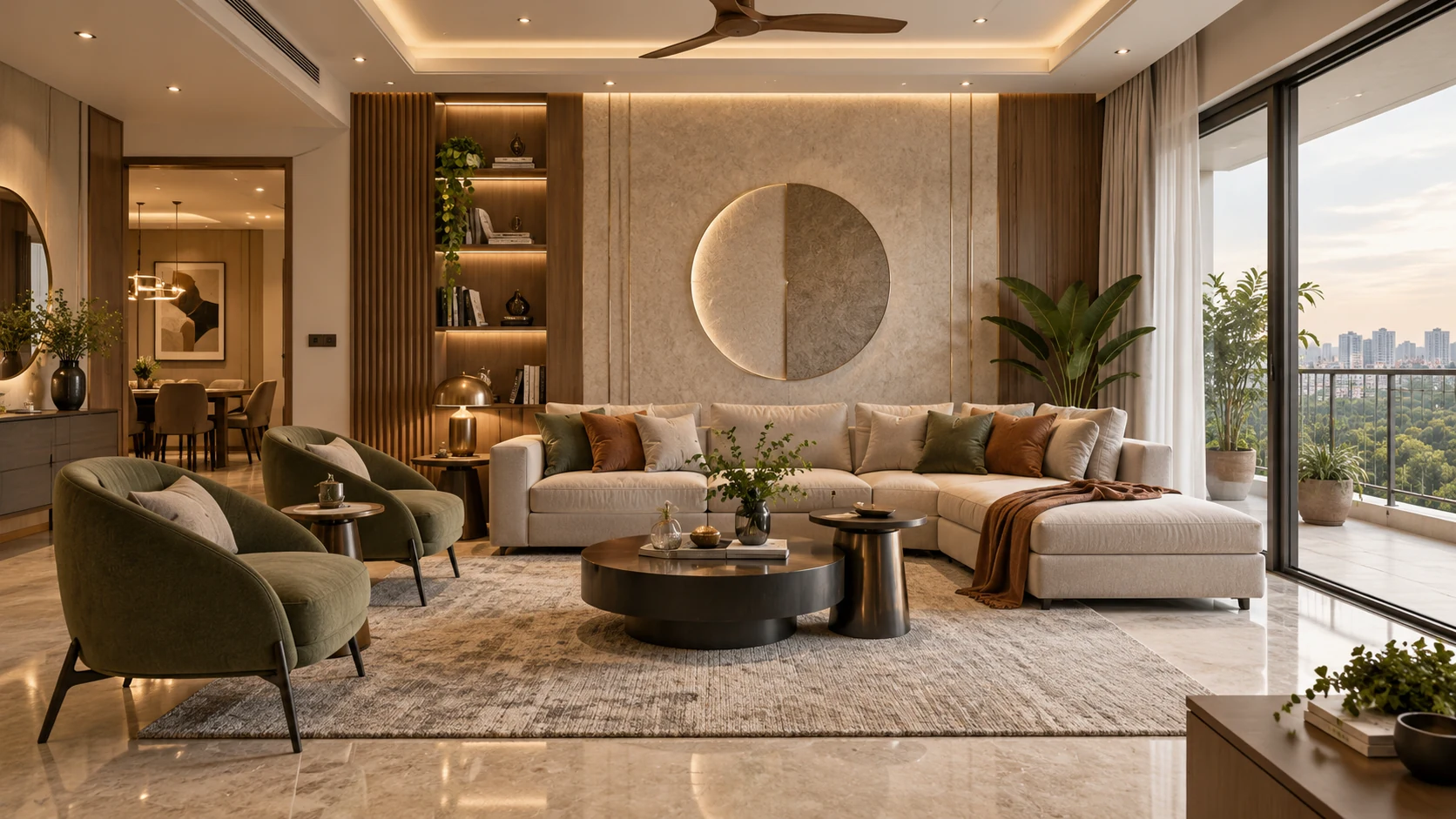 Contemporary living room with seating, media wall and warm wood finishes