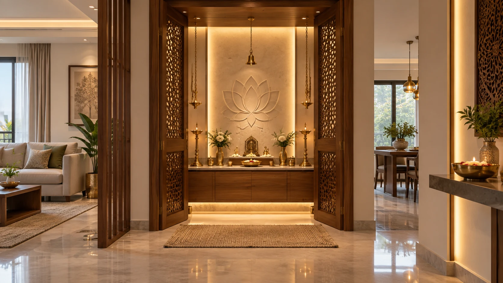 Pooja unit with wooden detailing and soft lighting
