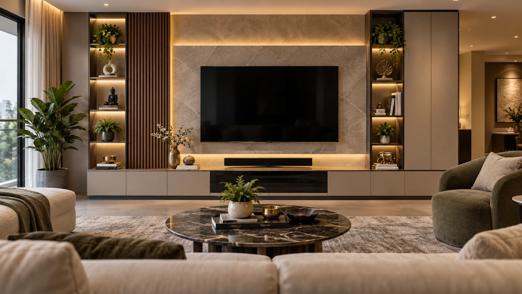 Living room television unit with storage and display shelving