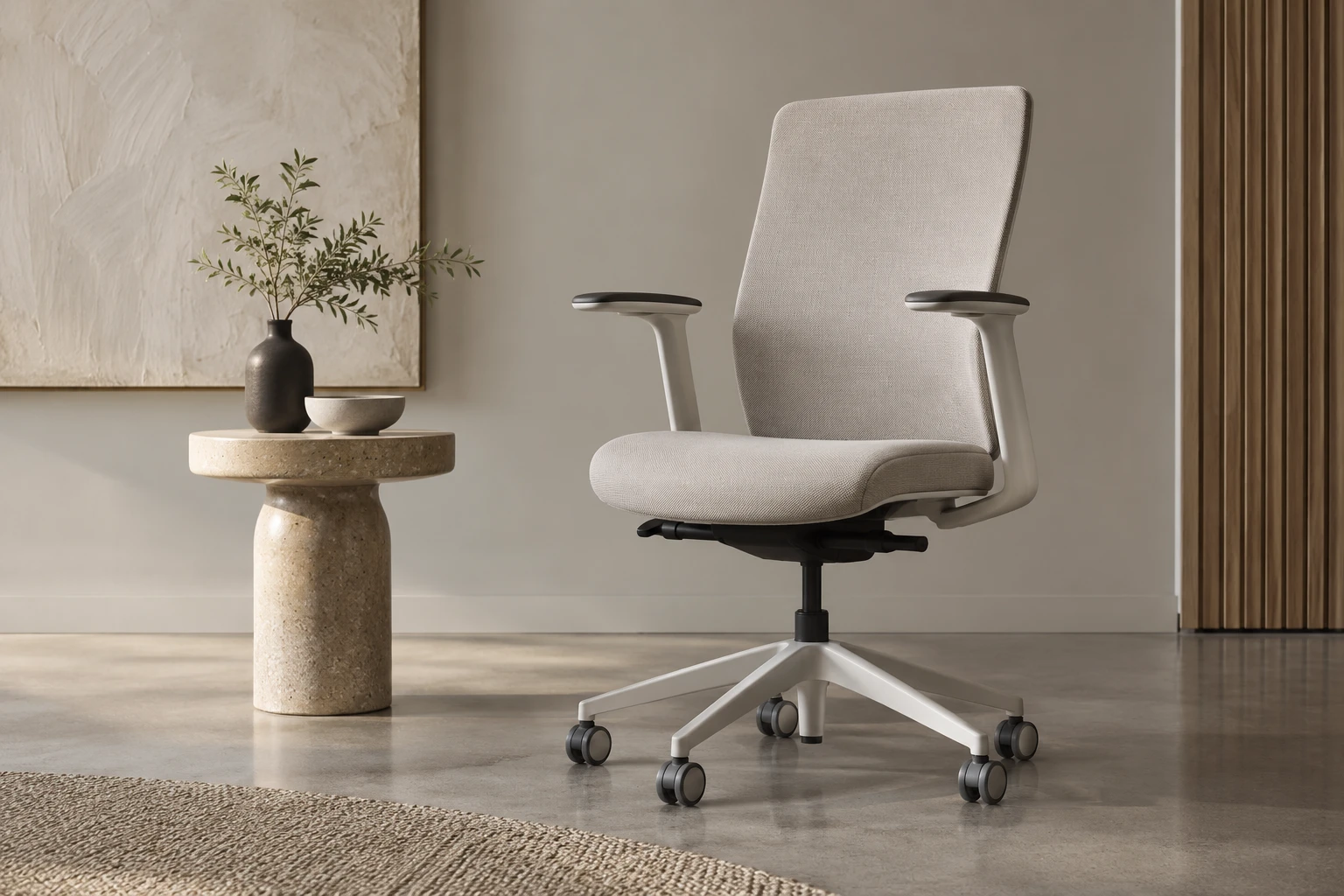 Contemporary armchair and side table in a calm workspace setting
