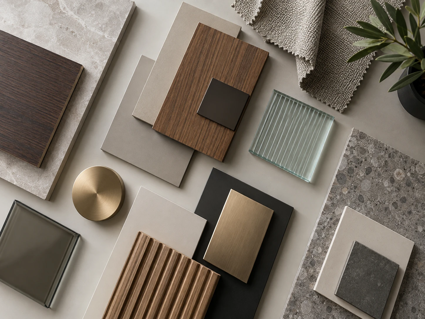 Interior material samples including wood, stone, metal, glass and fabric finishes