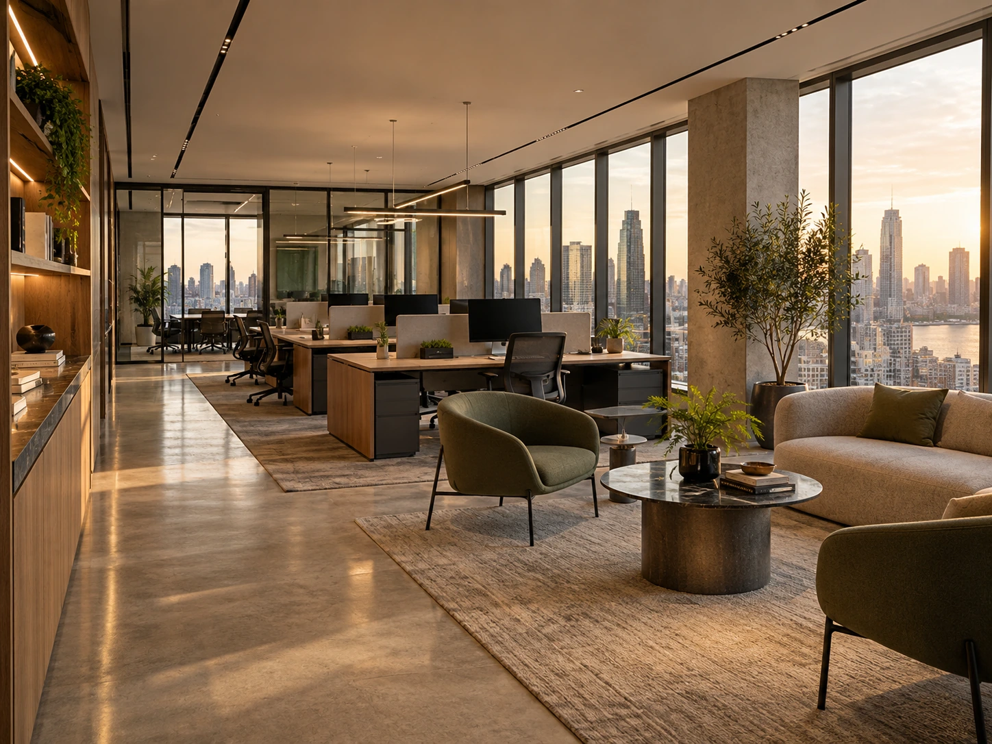Coworking Space Interiors Flexible shared workspace with desks, meeting areas and informal lounge seating