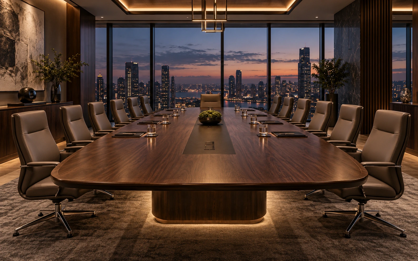 Boardroom with a long conference table and seating on both sides