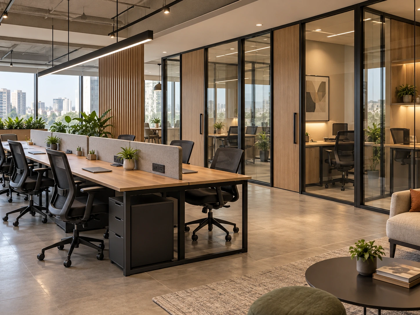 Coworking Space Interiors Coworking workspace with shared desking, planting and breakout seating