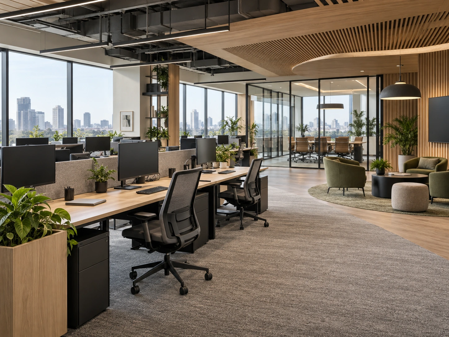 Industries Contemporary open workplace with flexible work settings and city outlook