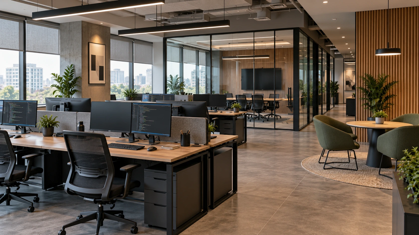 IT & Software Interiors Open-plan technology office with bench desking and collaboration areas
