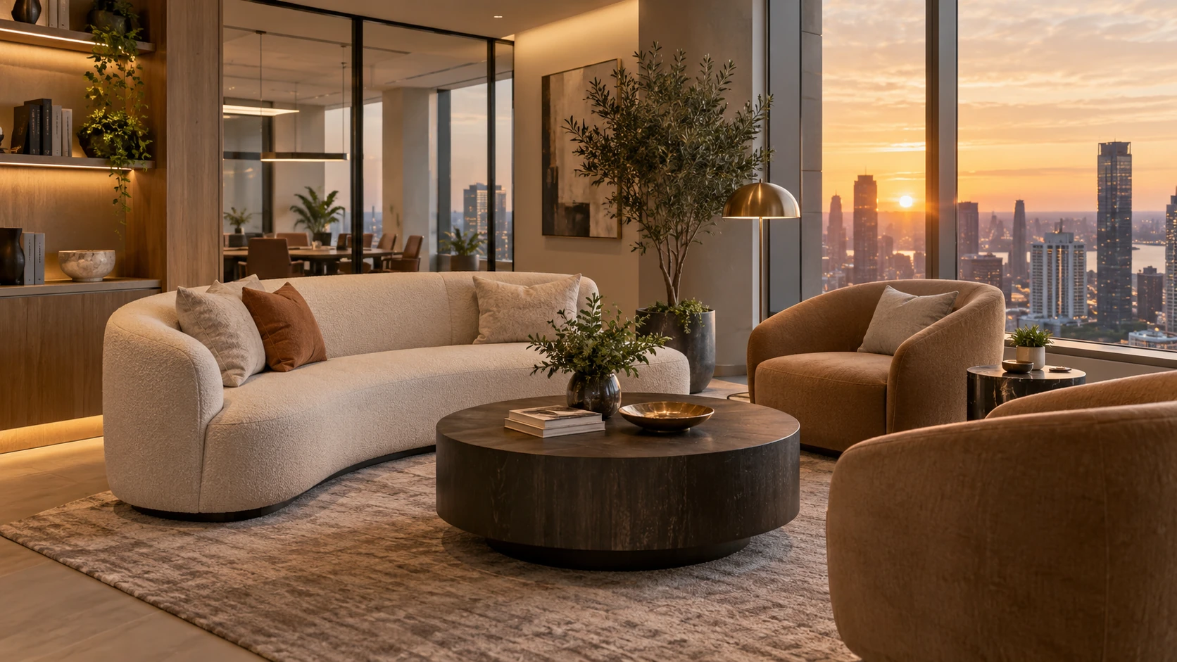 About ASTRAA Interior Office lounge area with warm finishes, seating and city views