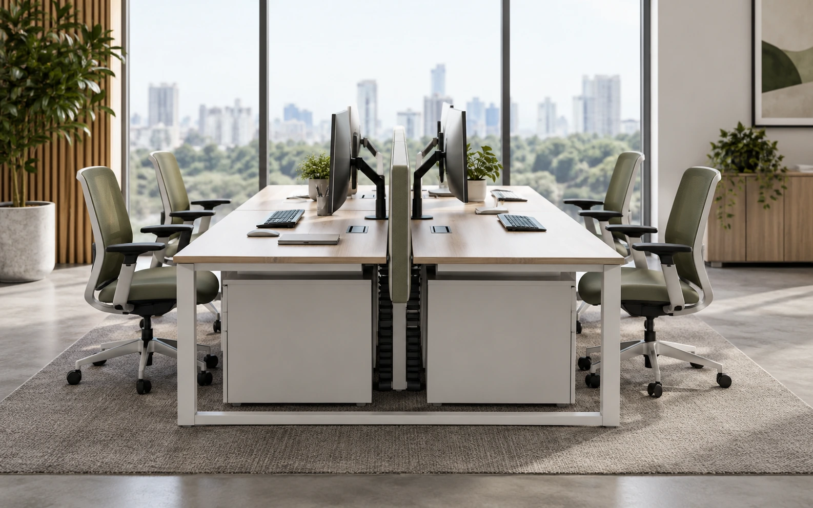 Rows of office workstations in an open-plan floor