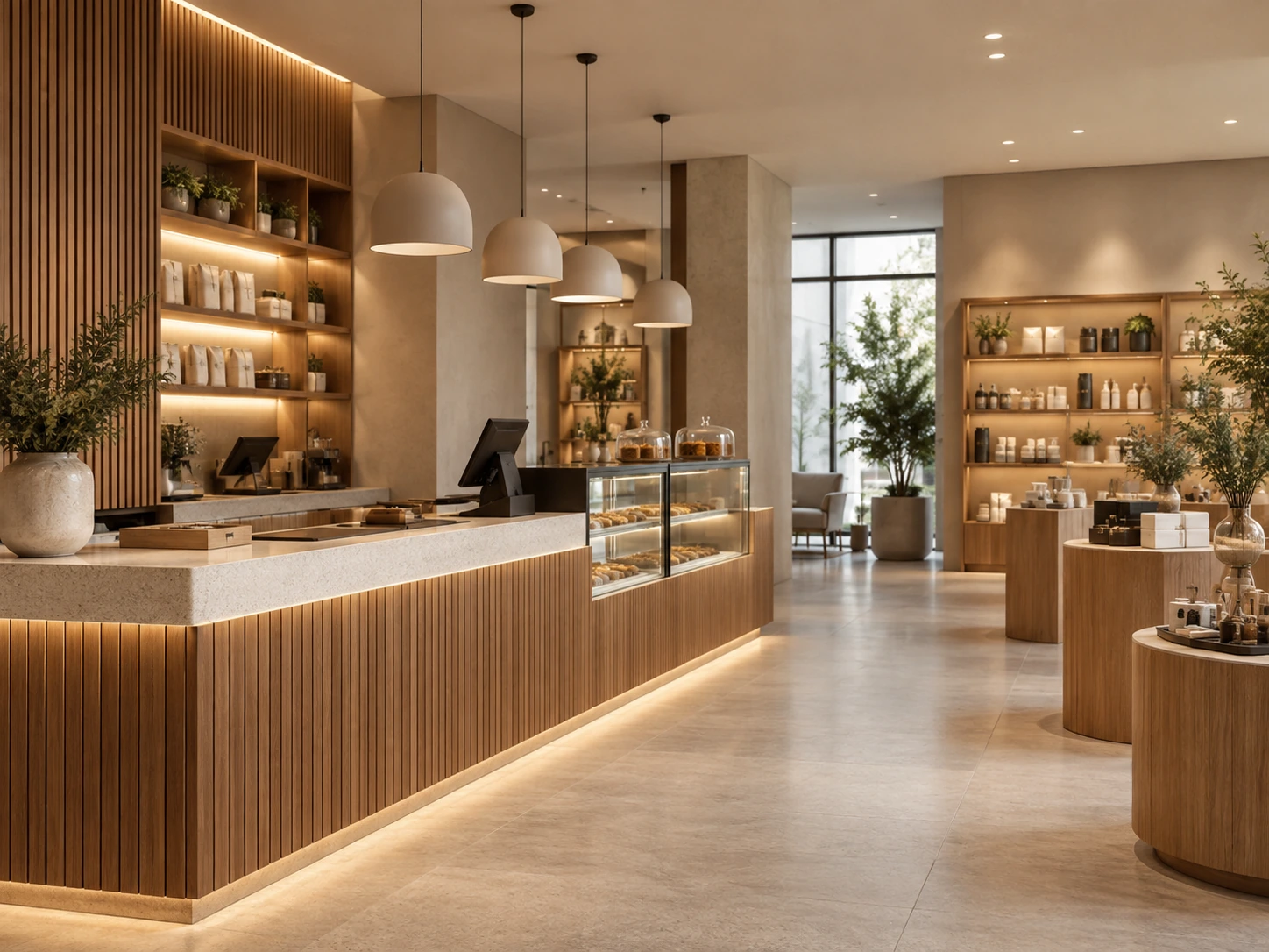 Commercial & Retail Interiors Commercial front-of-house interior with customer seating and service area