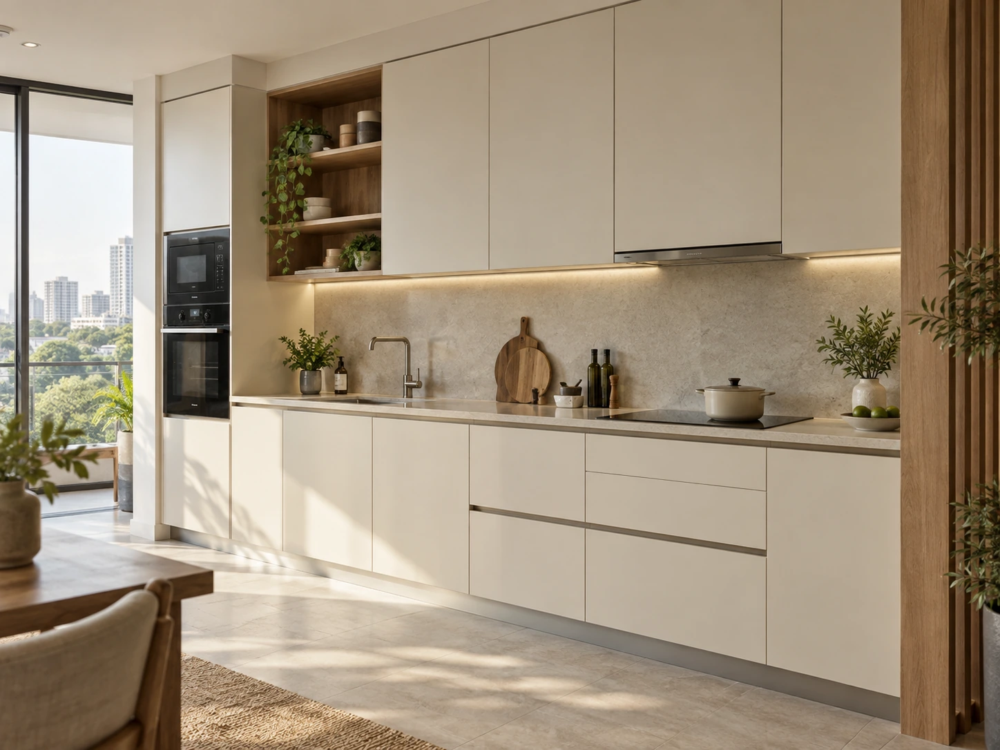What Actually Determines a Home Interior Budget? Apartment kitchen with fitted base and wall units along a single run