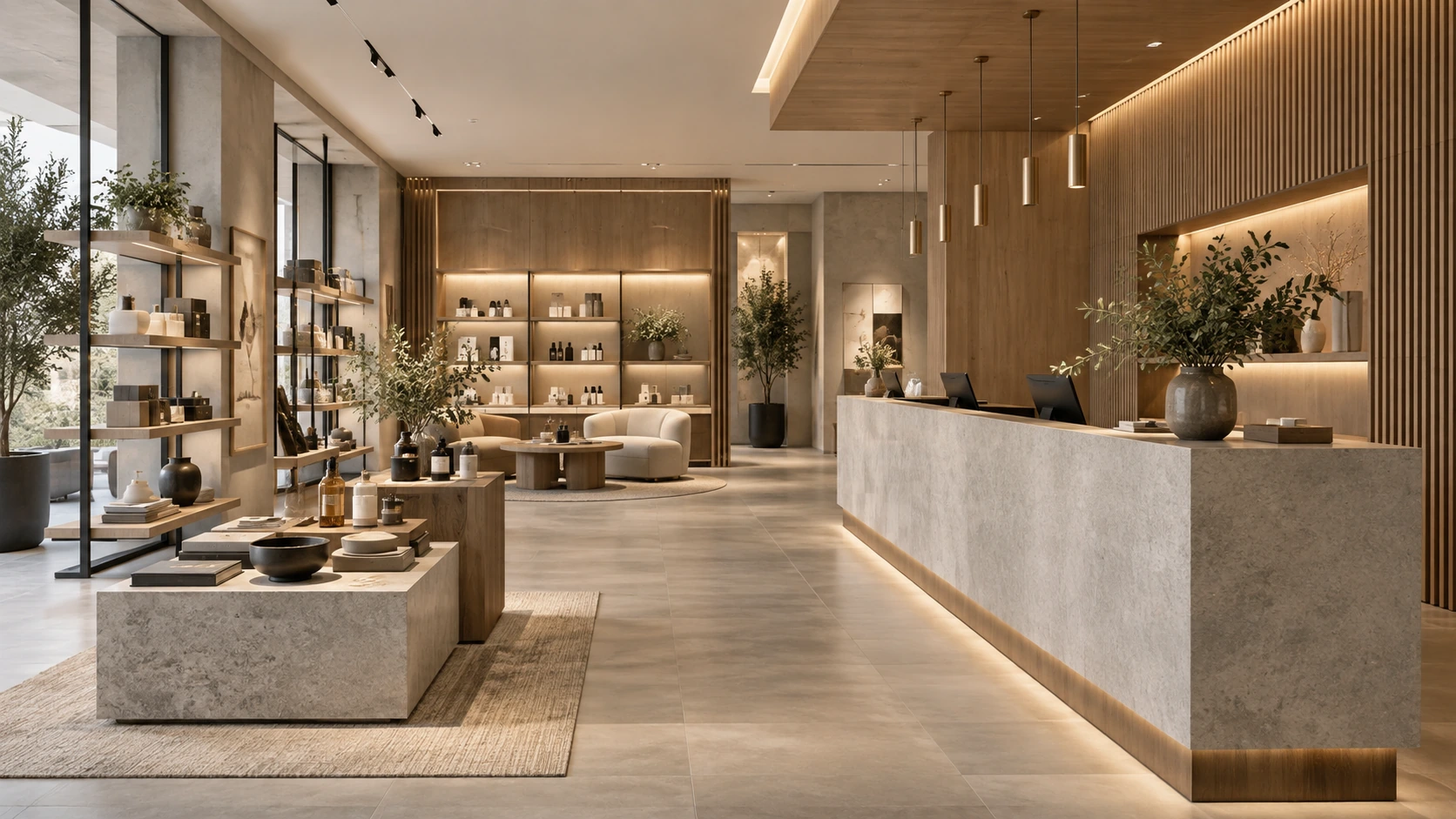 Commercial & Retail Interiors Contemporary retail interior with display shelving and a service counter