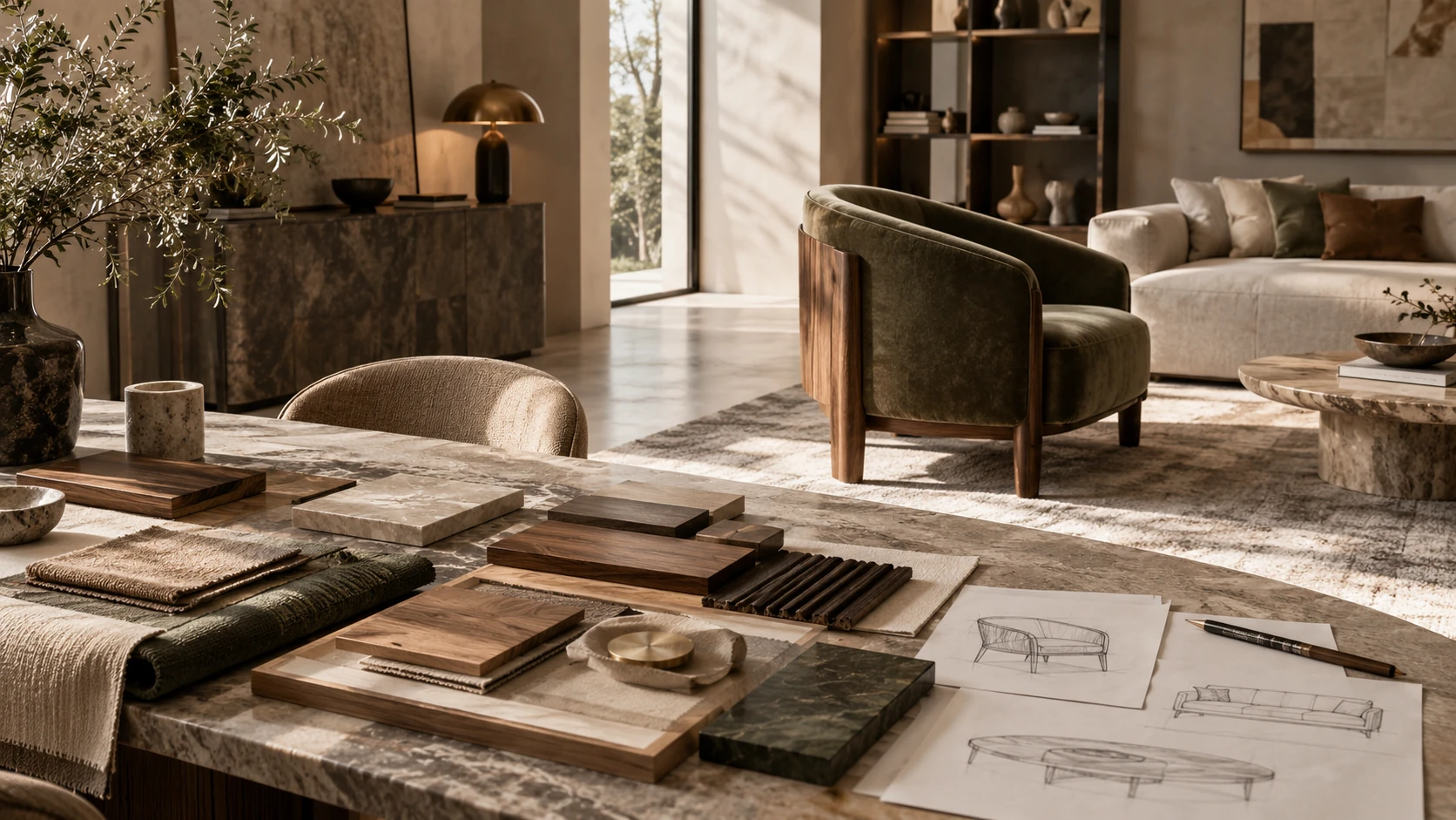 Interior finish and material samples arranged for selection