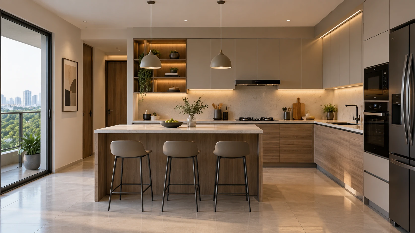 Contemporary modular kitchen with warm wood cabinetry and island seating