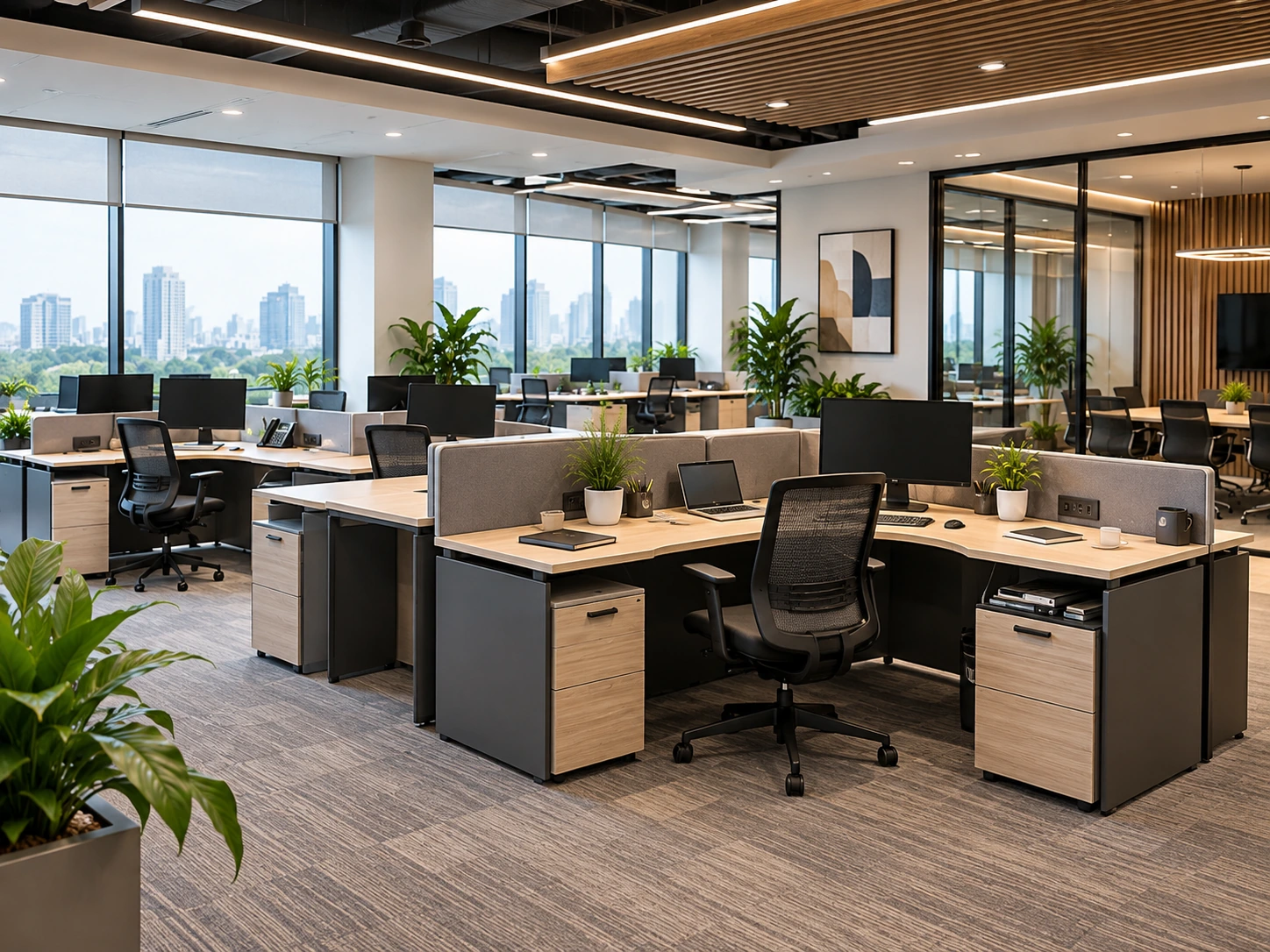 IT & Software Interiors Open-plan technology workspace with coordinated team workstations and monitors