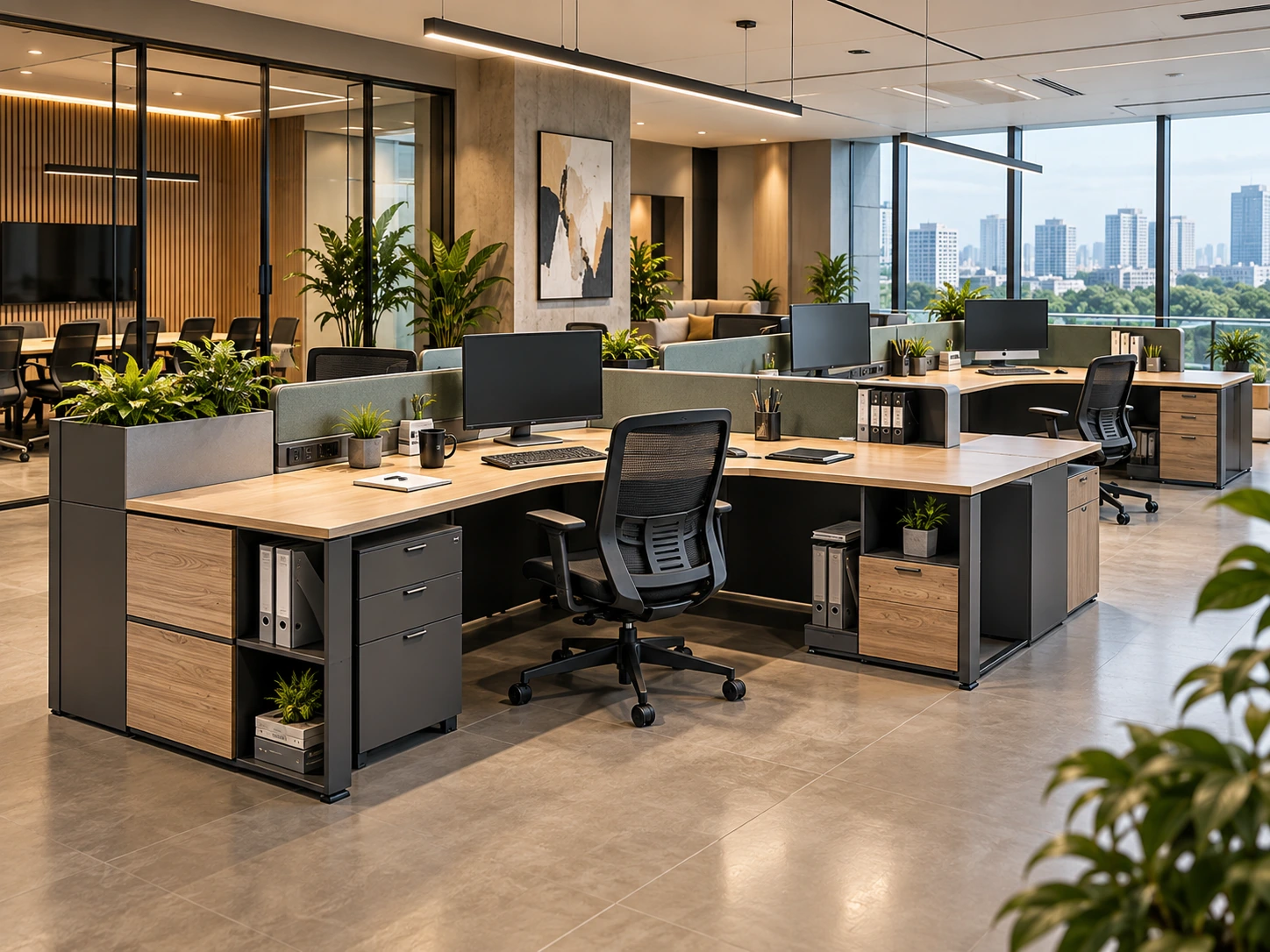 Open-plan office interior with workstations, glazed cabins and a finished ceiling